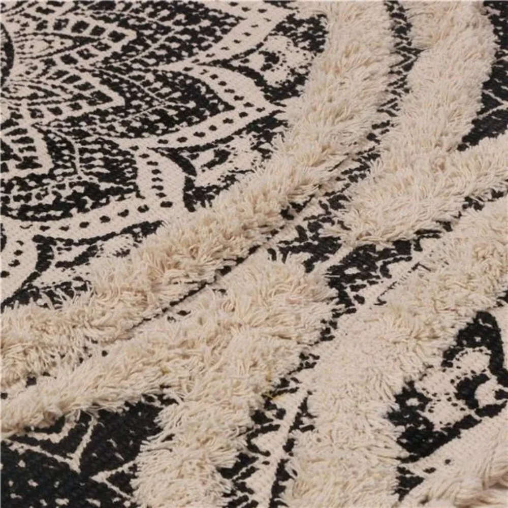 Cotton Rug, 2X3 Black Mandala Boho Rug, Hand Woven Bohemian Throw Rugs - Picture 3 of 7